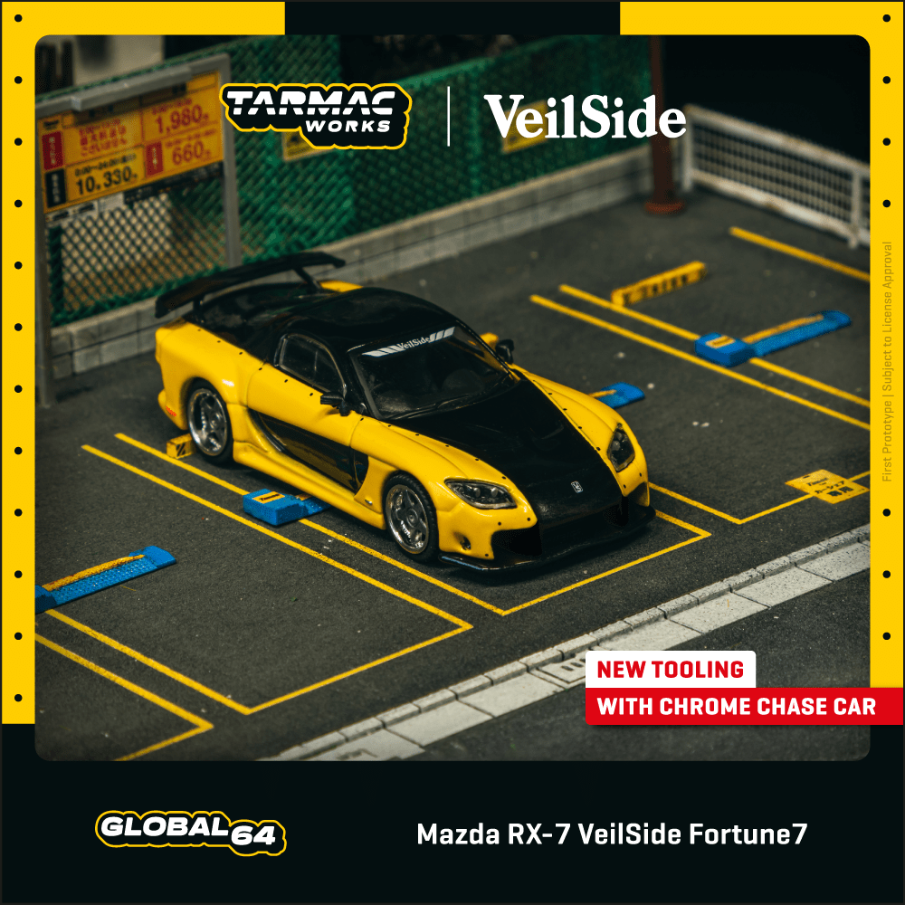 Pre Order - Tarmac Works - Mazda RX-7 VeilSide Fortune 7 Yellow / Black
